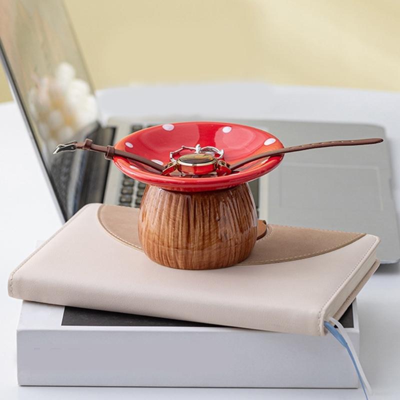 Ceramic Mushroom Jewelry Tray with Raised Ring Holder Dish, Tabletop Catchall Tray for Vanity and Bedside Table