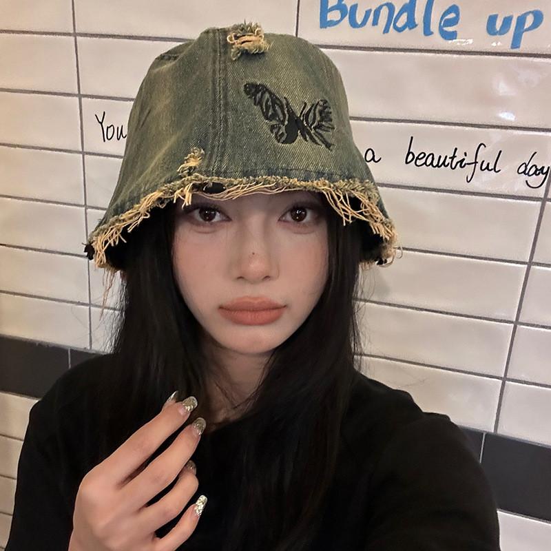 Trendy Retro Embroidery Denim Fisherman Hat For Adults With Chic Butterfly Design