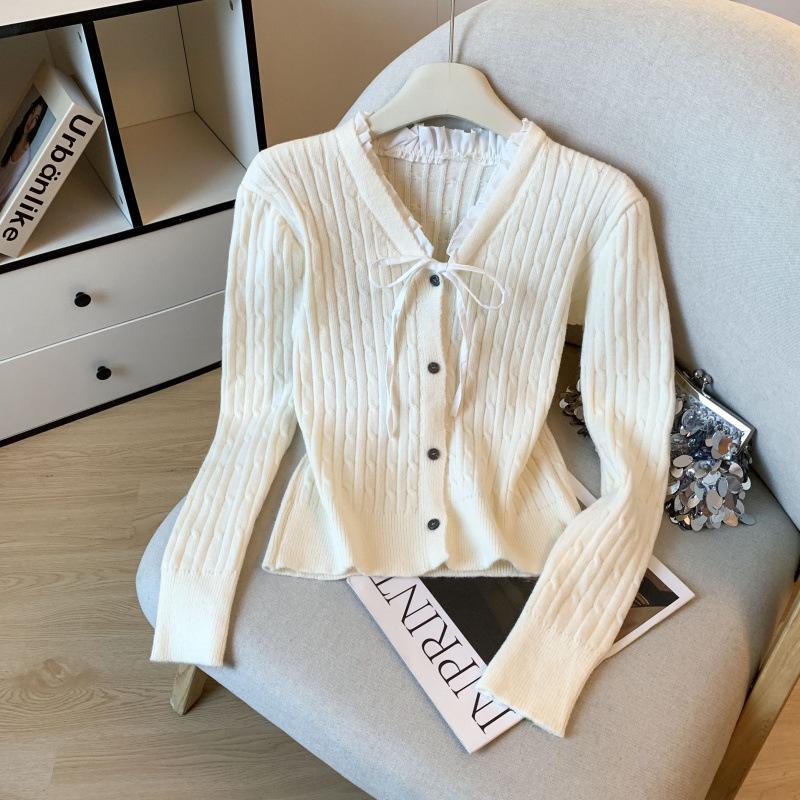 Women's French V-Neck Bow Knit Cardigan - Soft & Cozy Autumn/Winter Sweater