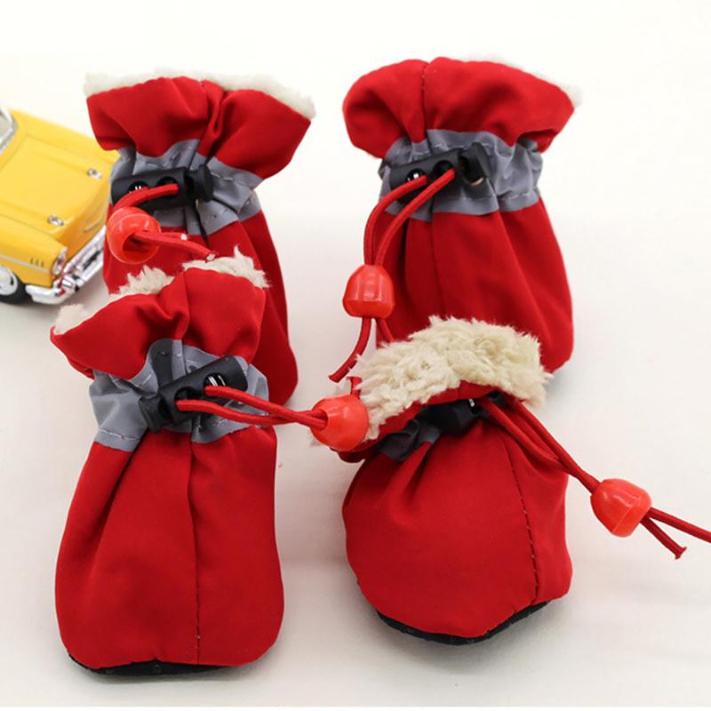 4PCS/Set Fleece Lining Puppy Waterproof Breathable Drawstring Design Cute Pet Shoes Winter Outings Multiple Colors