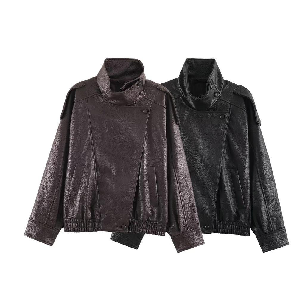 2026 Summer New Arrival: European and American Cross-border Women's Street Fashion Stand Collar Faux Leather Jacket W025 12548