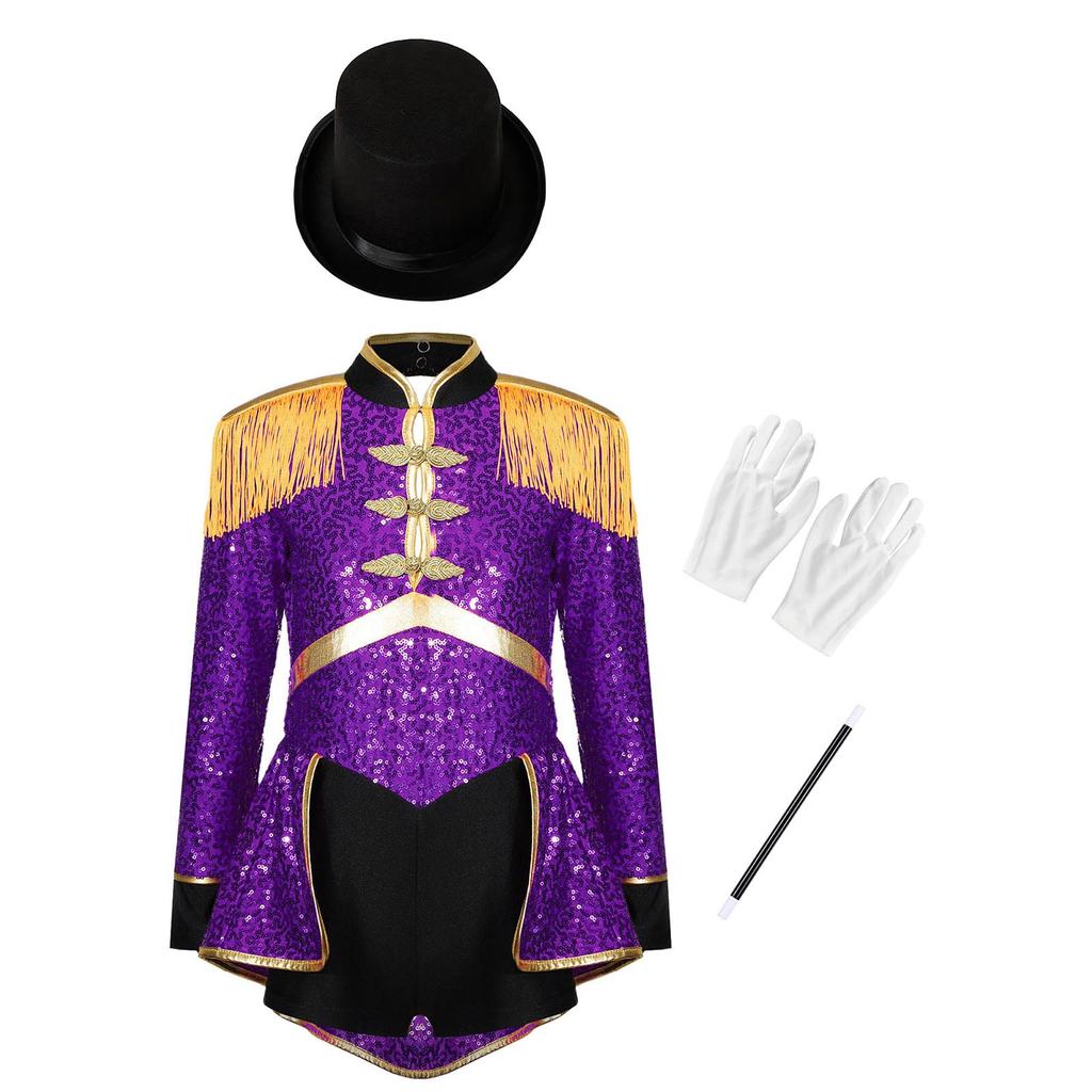 Dívčí kostým Ringmaster Cirkusový kouzelník Bubeník Cosplay Kostým Flitry Body Klobouk Rukavice Hůlka Set Halloweenský kostým