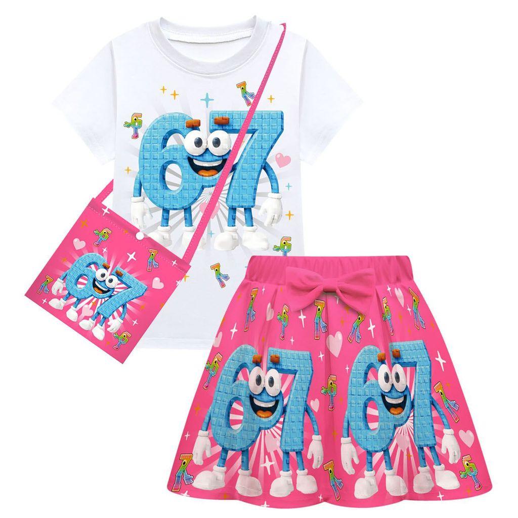 Kids Girls Steal a Brainrot 67 Print Sets Short Sleeves T-Shirt Skirt Bag Clothes Set
