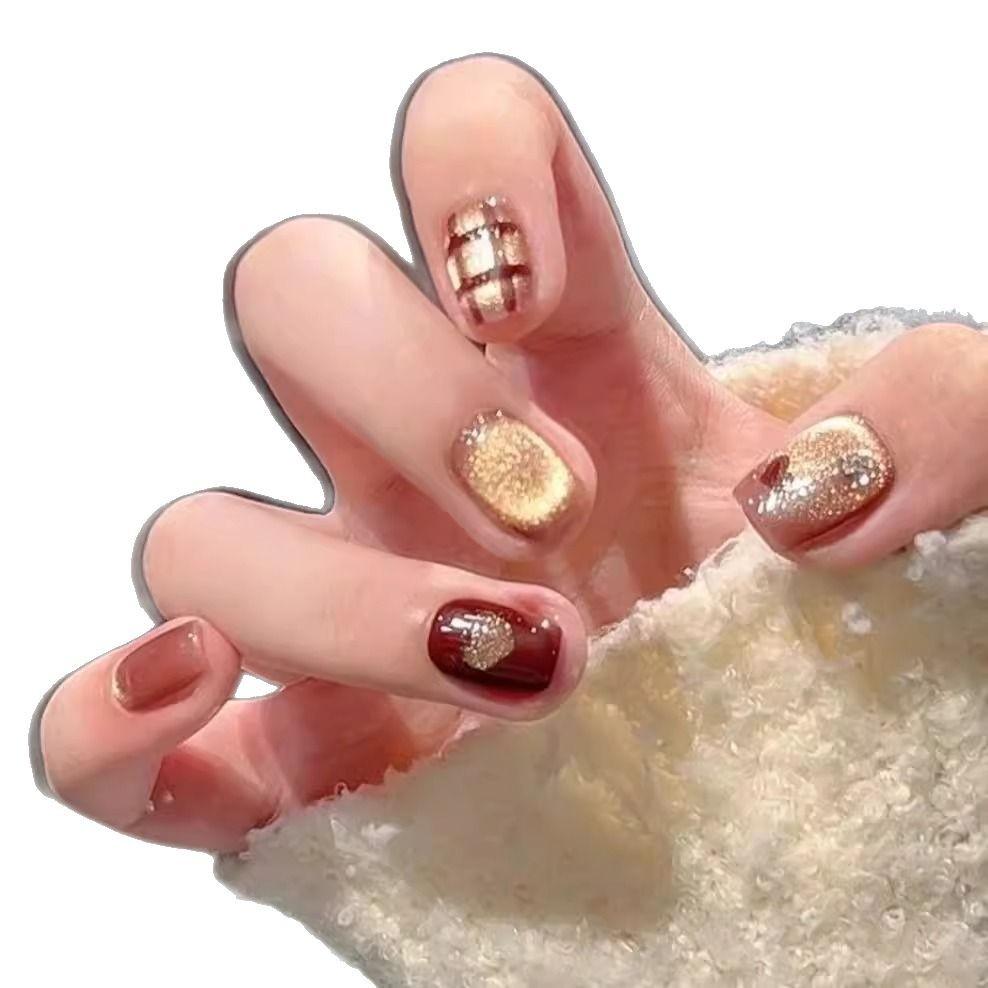 Maillard Style Cat Eye Gold Glitter Nail Art Patches - Advanced Whitening, Handmade, Wearable, Finished Fake Nails