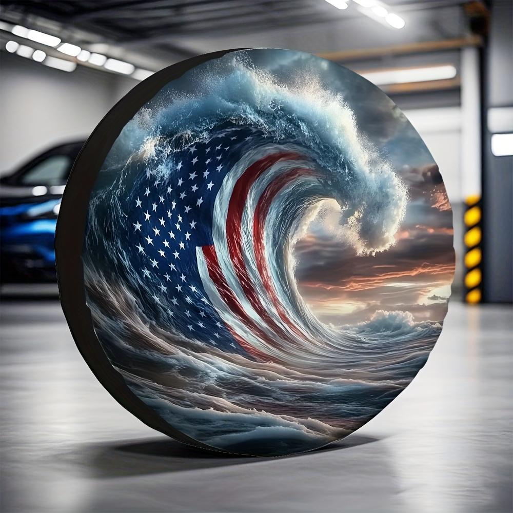 1pc Spare Tire Cover - Patriotic American Flag Ocean Waves Design, Durable Polyester Weatherproof All-Season Protection For Road