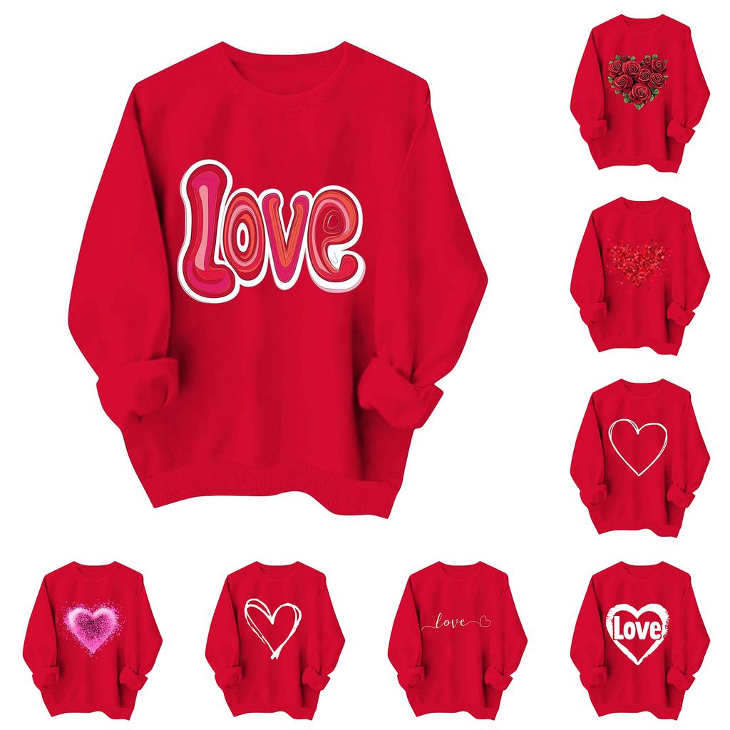 Ladies' Casual And Fashionable Round Neck Top With Valentines Print Hooded T,shirt Long Sleeved Sweatshirt