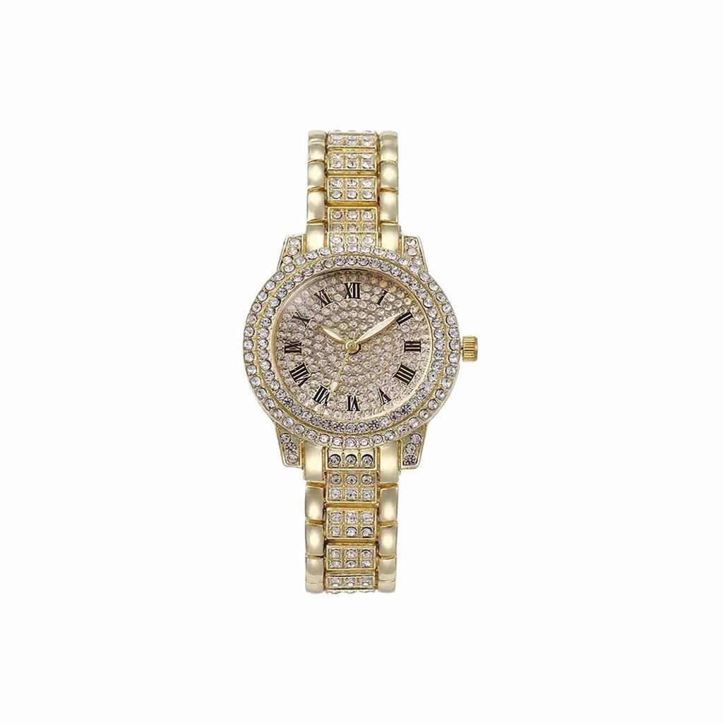 1pc-Ladies' Diamond Inlaid Quartz Watch, Rose Gold Roman Numeral Full Diamond, Niche Style