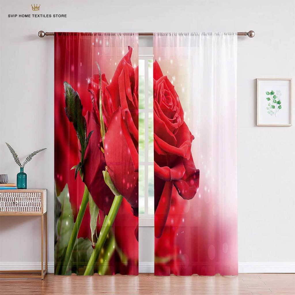 Red Retro Rose Flower 3D Printed Curtains, Suitable for Bedroom, Living Room, Balcony, Kitchen, Decorative, Easy to Wash