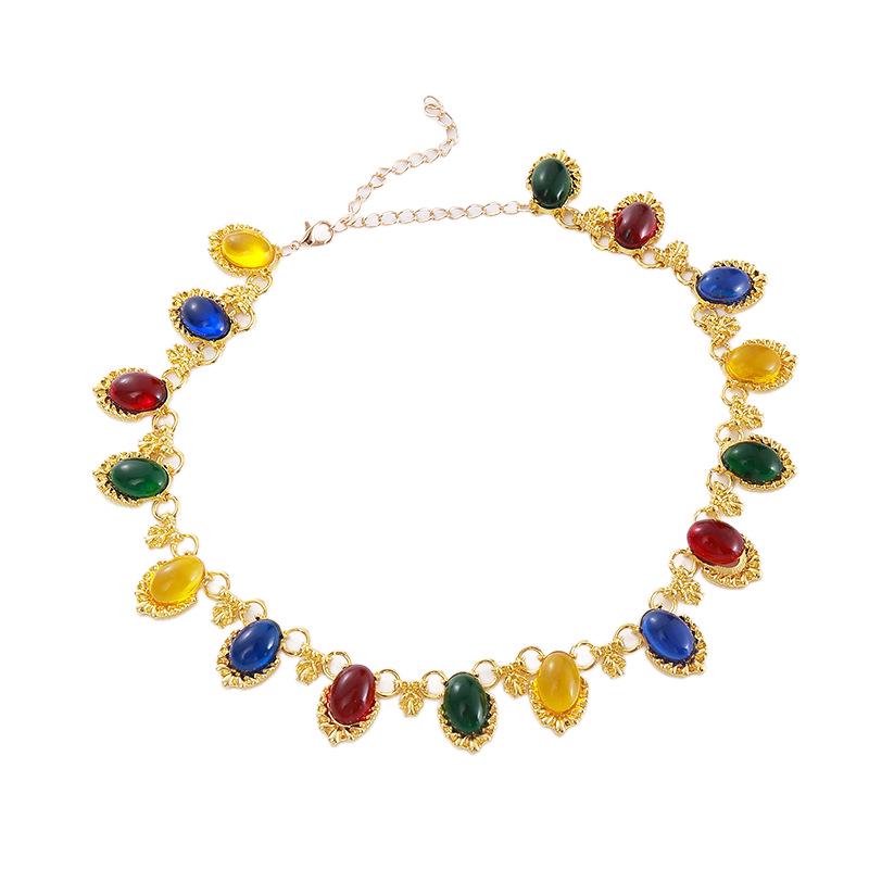 Colorful Retro European & American Oval Resin Necklace - Bohemian Hip-Hop Style Sweater Chain for Women