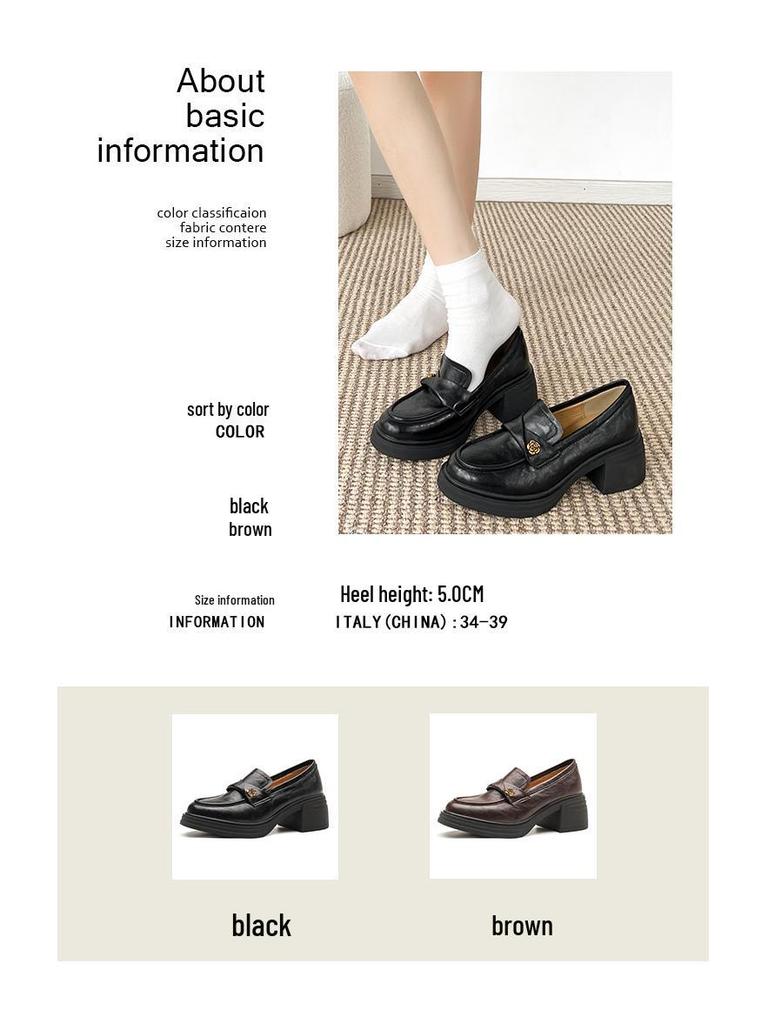 2025 British Style Camellia Loafers: Round Toe Chunky Heel Mary Jane Leather Shoes for Women