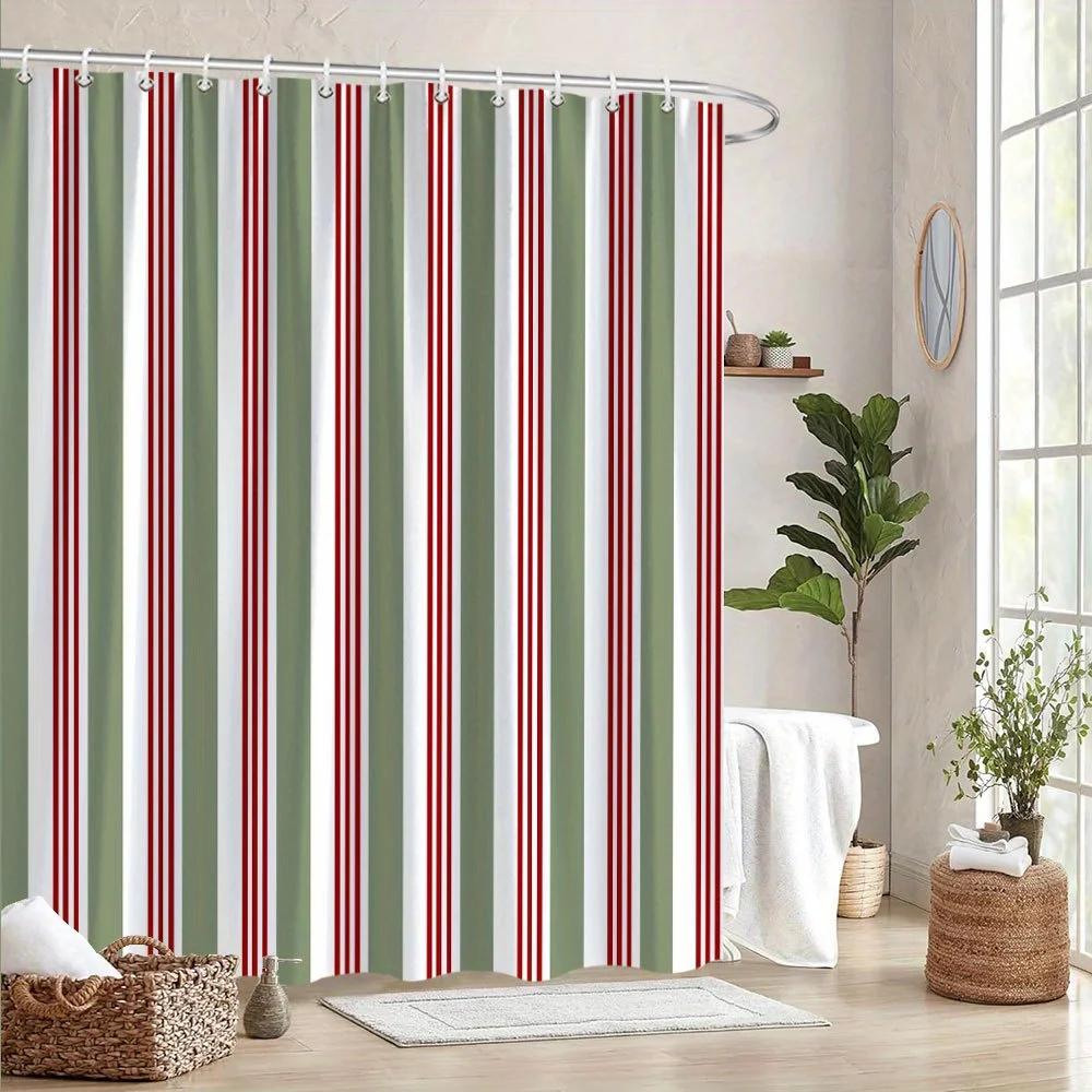 

1Pc Green & White Striped Bath Curtain - Thin Red Lines, Minimalist Geometric Design, Machine Washable, Modern Bathroom Decor W60H190(CM)-1 Pcs