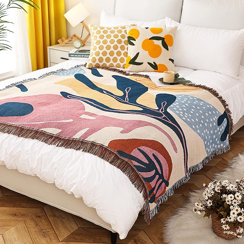 Double-Sided Cotton Woven Throw Blanket with Tassel Jungle Bohemian Style Tapestry Shawl Multi-Function Decorative Throws for Sofa Bed Armchair