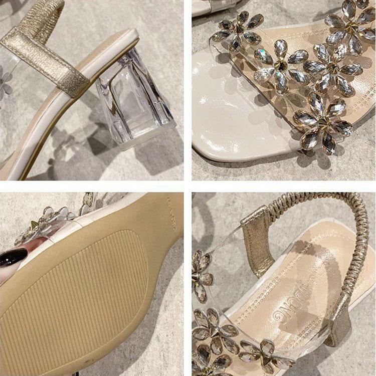 Rhinester Sandals Women's Shoes Summer Net Red Crystal Thick Heel Transparent Fairy Style High Heels Sandals