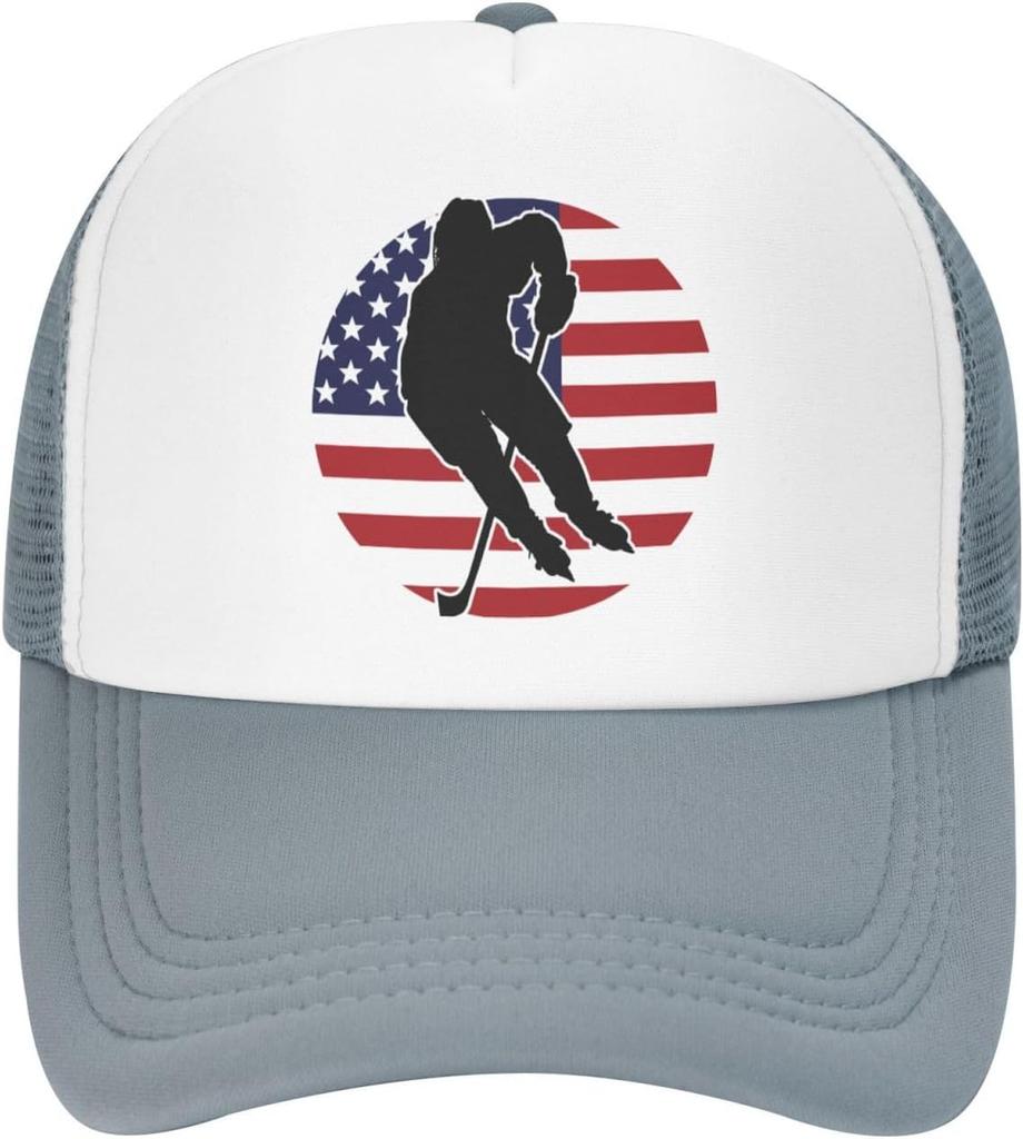 Hockey Player American Flag Graphic Trucker Hat Breathable Mesh Baseball Cap Adjustable Snapback for Adults