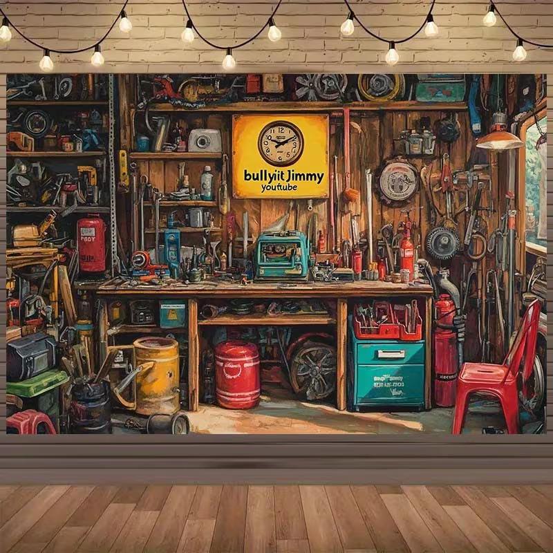 

2D Bullyit Jimmy Garage Backdrop, Vintage Workshop Tools Photography Background Banner 47.2x31.5inch/120*80cm