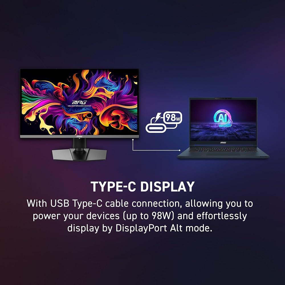 MSI MPG 272URX QD-OLED 27-inch 3840 X 2160 (UHD) Computer Monitor, 240Hz, Adaptive Sync, HDMI & DP Ports, VESA Mountable, Tilt Speakers, 0.03ms Respon
