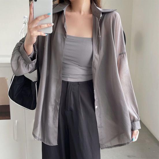 Opalovací krém Outwear Jednobarevné Univerzální Knoflíky Placket Ženy Plážový styl Šifon Top Šátek Dámské oblečení