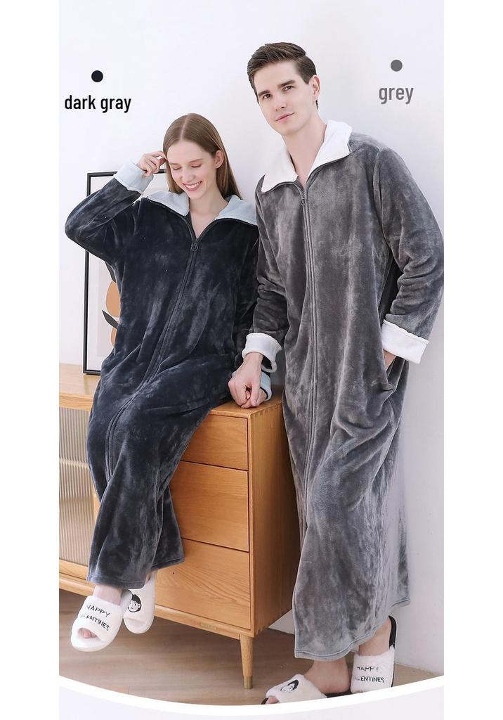 Women's Plus Size Long Nightgown - Double Zipper, Autumn/Winter Pajamas, Home Wear Robe