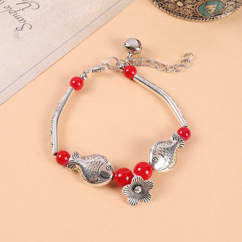 Original Handmade Turquoise Tibetan Silver Small Fish Bracelet Bohemian Retro Personality Bells Miao Silver Bracelet Women