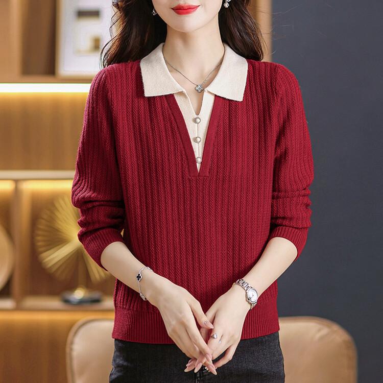 Fake Two Piece Knit Top Women Autumn Winter Middle Age Mom Fall Polo Collar Sweater Base Layer