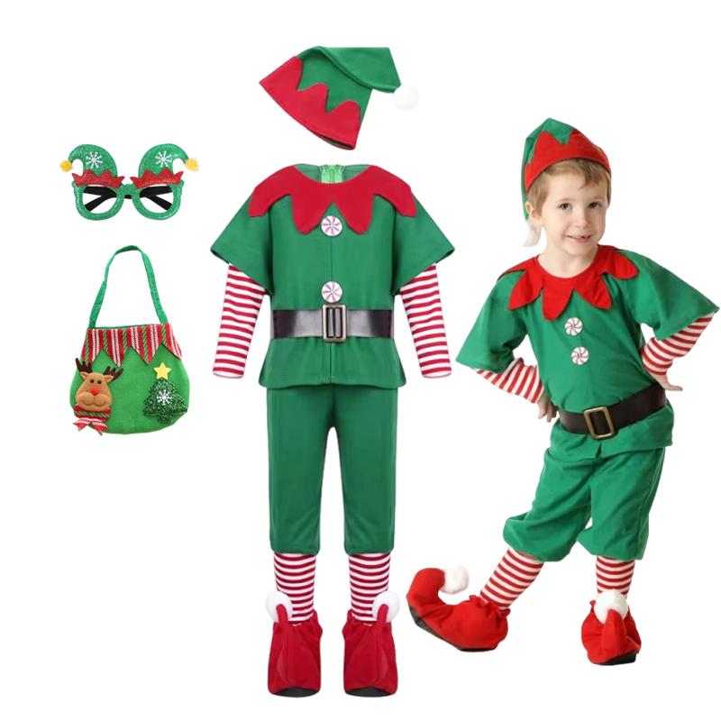 Girl Boy Christmas Elf Costumes Santa Claus Suit Festival Adult Family Halloween Cosplay Sets Green Elves Clothes