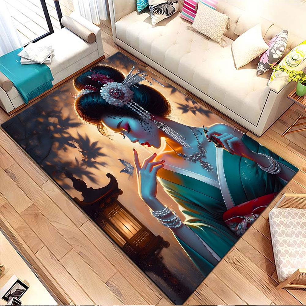 "Elegant Geisha with Lantern Glow" Patterned carpet, non slip mat suitable for living room and bedroom sofas