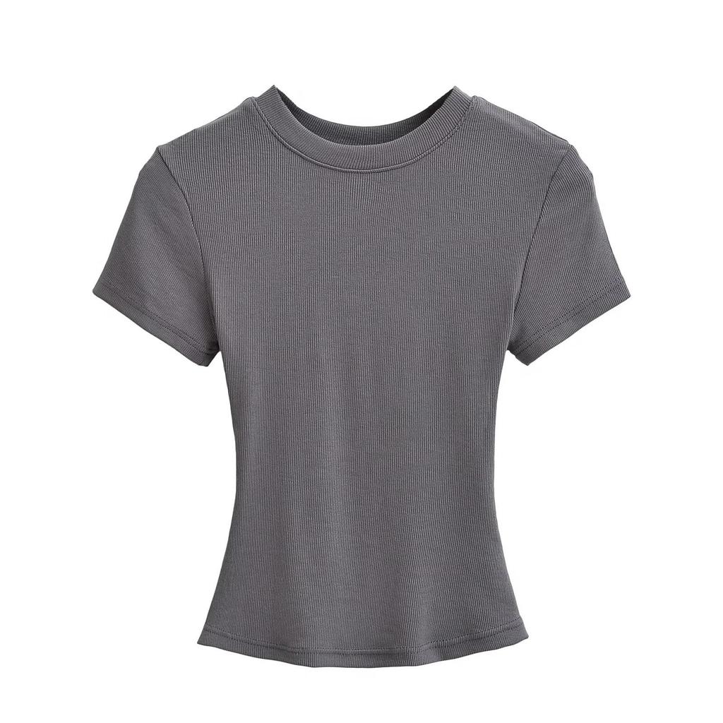 Women's Summer Stretch Slim Fit Ribbed Crop Top - Round Neck, Short Sleeve, Solid Color