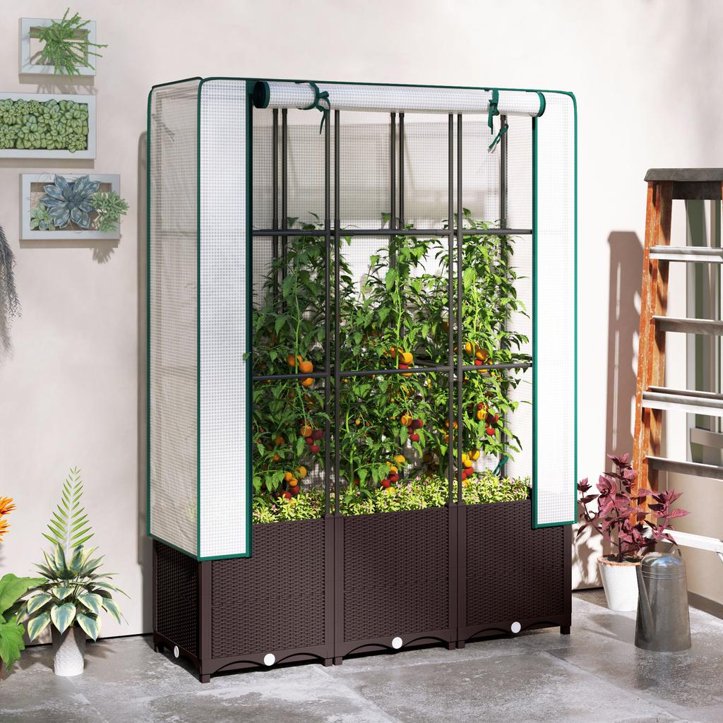 Raised Garden Bed with Trellis, Plastic Planter Box with PE Cover, Drainage Holes, Drain Plugs and Water Reservoirs for Climbing Plants, Vegetables