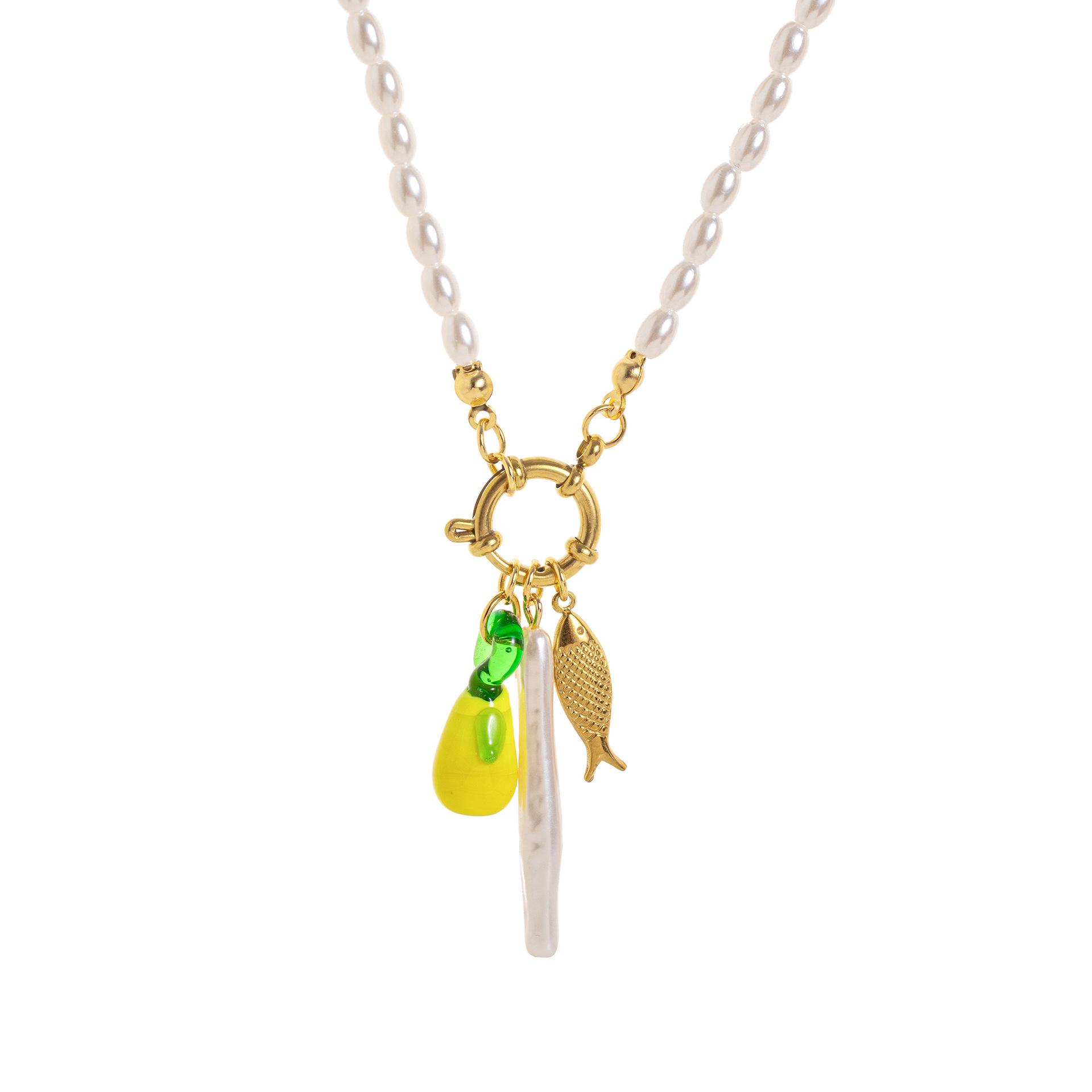 Stainless Steel Cross & Pearl Starfish Necklace with Lemon Heart Charm