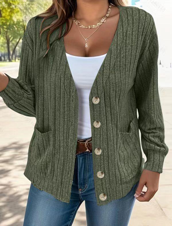 

2023 Autumn/Winter Women s Solid Color V-Neck Button Long Sleeve Loose Cardigan 2XL
