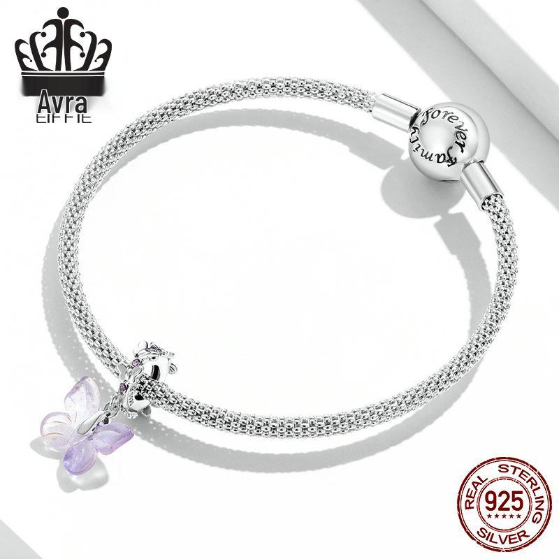 Everjoy S925 Sterling Silver Glass Butterfly Pendant & Insect Charm Bracelet