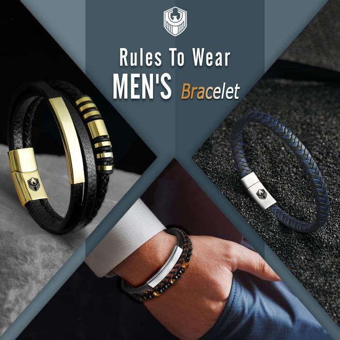 Bracelet Homme - H1174 - Cuir et perles - Boucle magnétique acier inoxydable - Livré avec boîte à bijoux