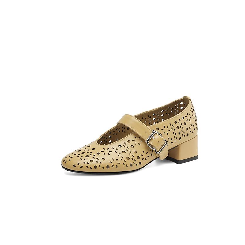 Fashion New Spring/autumn Genuine Leather Women Shoes Round Toe Shoes for Women Fashion Hollow Out Mary Jane Shoes Mid Heels Women Pumps
