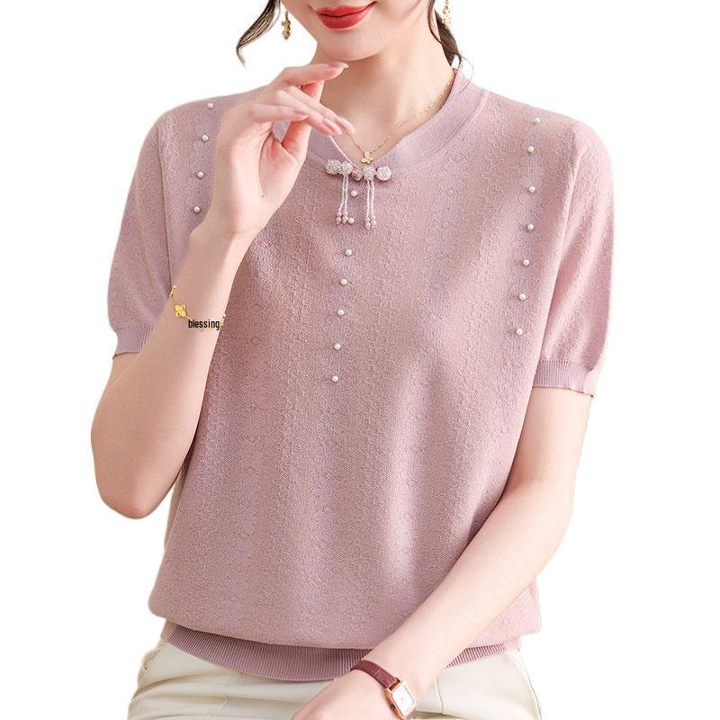 Schickes Sommer-Eis-Seiden-Qipao-Kragen Kurzarm Zweiteiler für mittelalte und ältere Frauen - Strick-T-Shirt-Oberteil in Übergröße