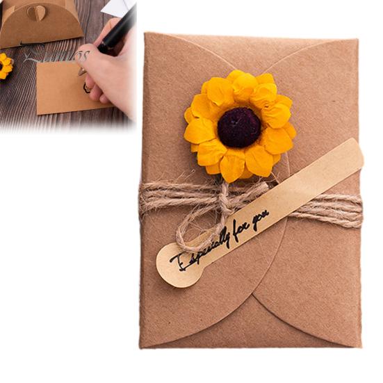 Special Paper Cards for Souvenirs 5Pcs DIY Dried Flower Greeting Cards, Handmade Note with Artificial Flowers, Jute Twine Romantic Sunflower Rose Hang