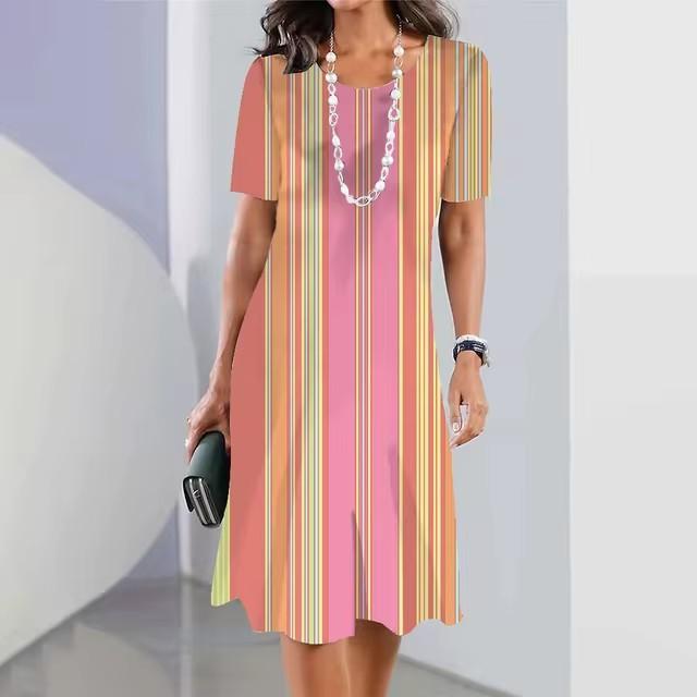 Women Round Neck Short Sleeve 3d Print T-shirt Dress Midi Length Summer Beach Wear