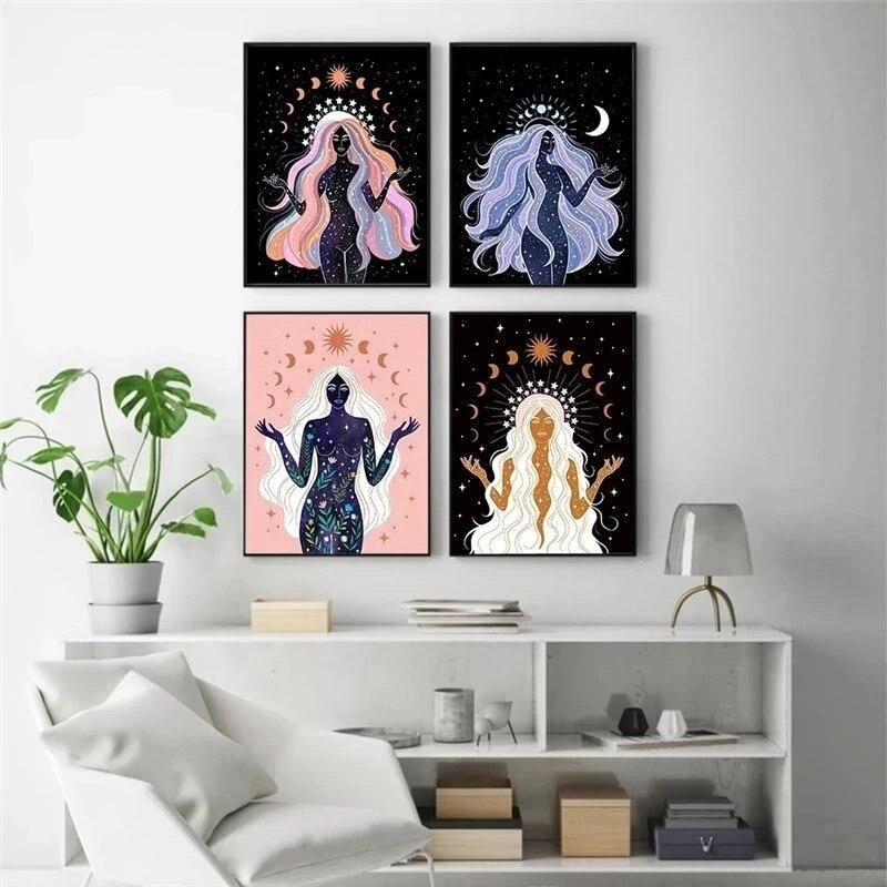 Bohemian Strega Terra Corpo celeste Stella Luna Dea del sole Creatività Poster Dipinti su tela e stampe Soggiorno Decorazione della casa