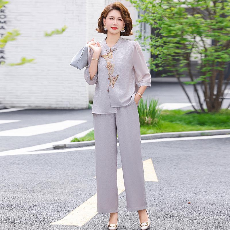

Chiffon Short Sleeve National Style Two-Piece Set for Middle-Aged Women 5XL