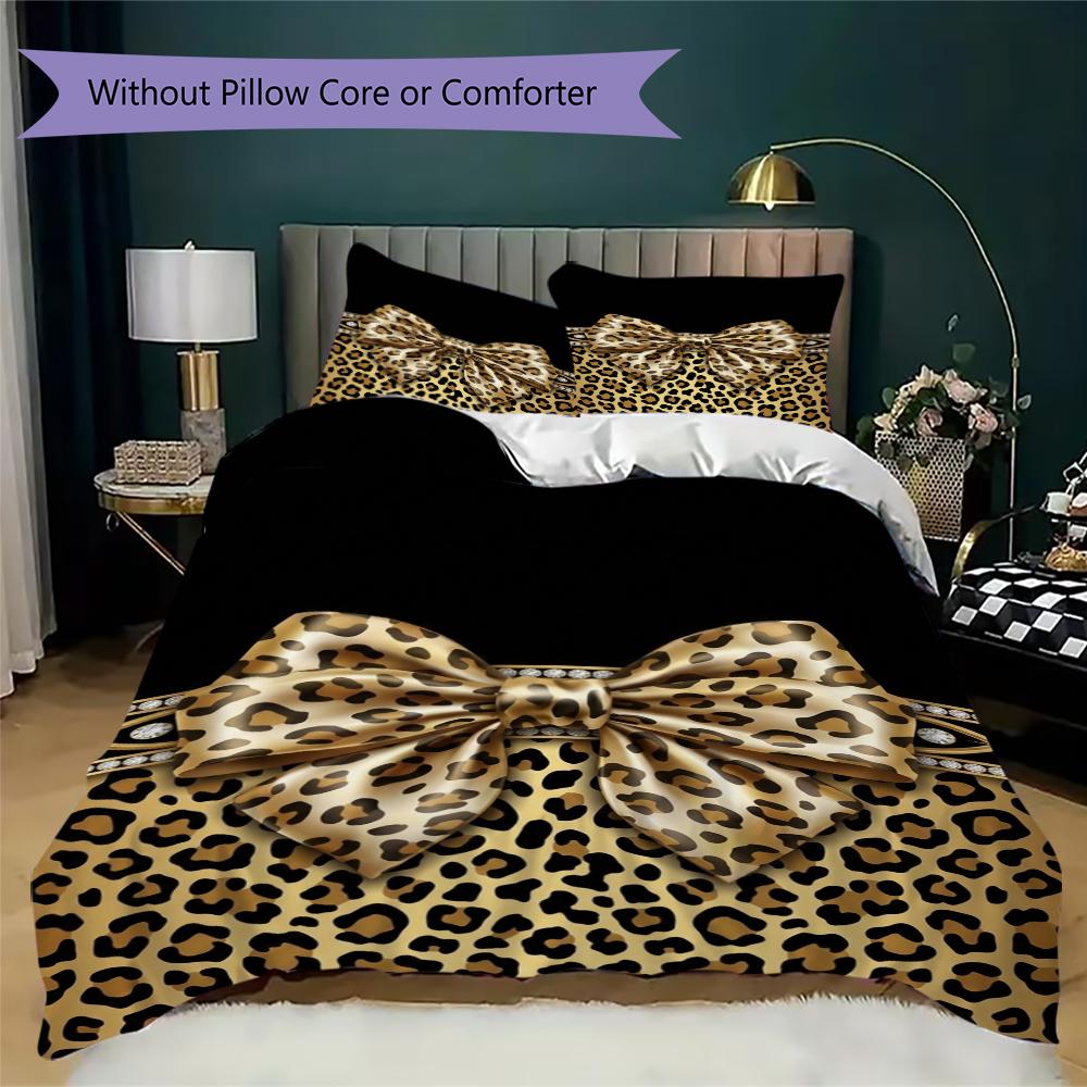 Leopard Print Bow Pattern Bedding uilt Set uilt Cover Pillowcase Home Decoration Birthday Gift (1 * duvet cover + 2 * pillowcase without core)91