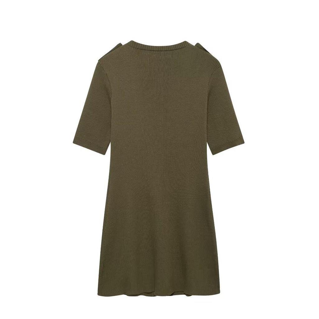 2024 Autumn Women's Military Green Ribbed Knit Button-Up Dress