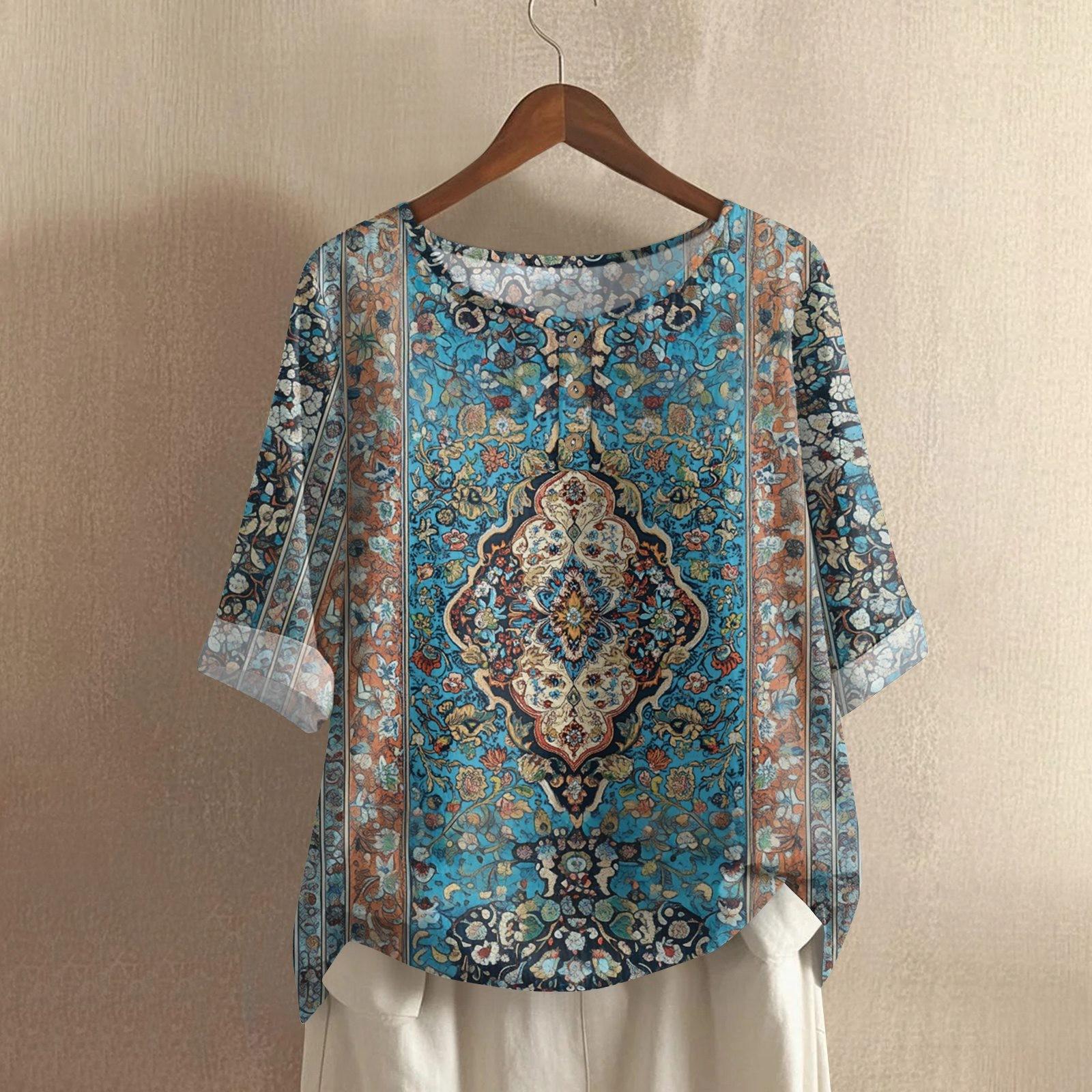 

Женская модная и повседневная рубашка с полурукавом, круглым вырезом и принтом, блузка, топ XL синий