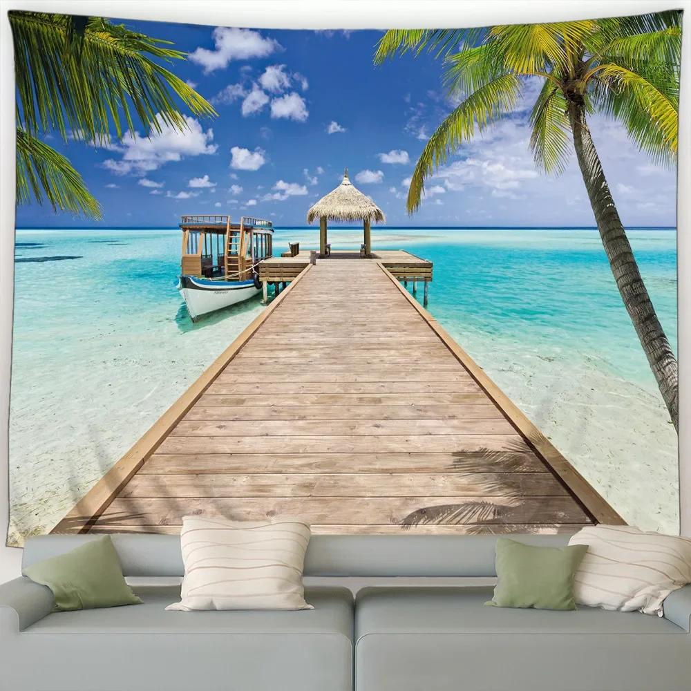 Island Landscape Wall Hanging Tapestry – Beach with Palm Trees At Dusk, Ocean Waves Fabric Art for Living Room, Dorm, Home Decor