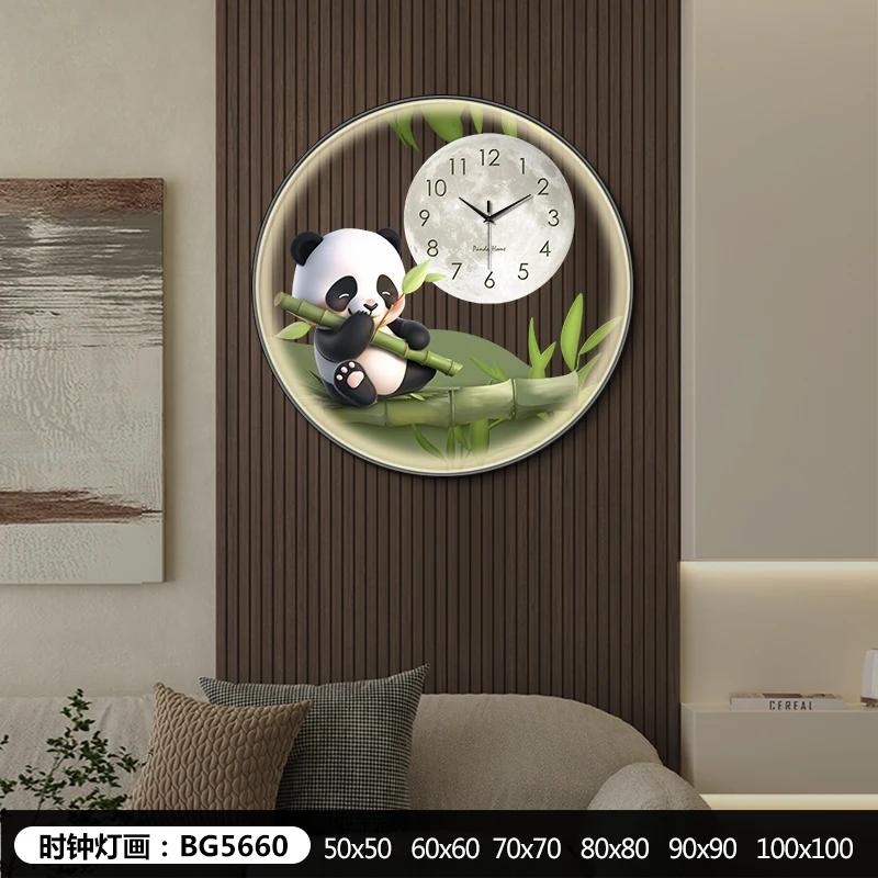 Circular transparent panda wall clock living room dining room decorative painting Creative LED wall light hanging wall clock