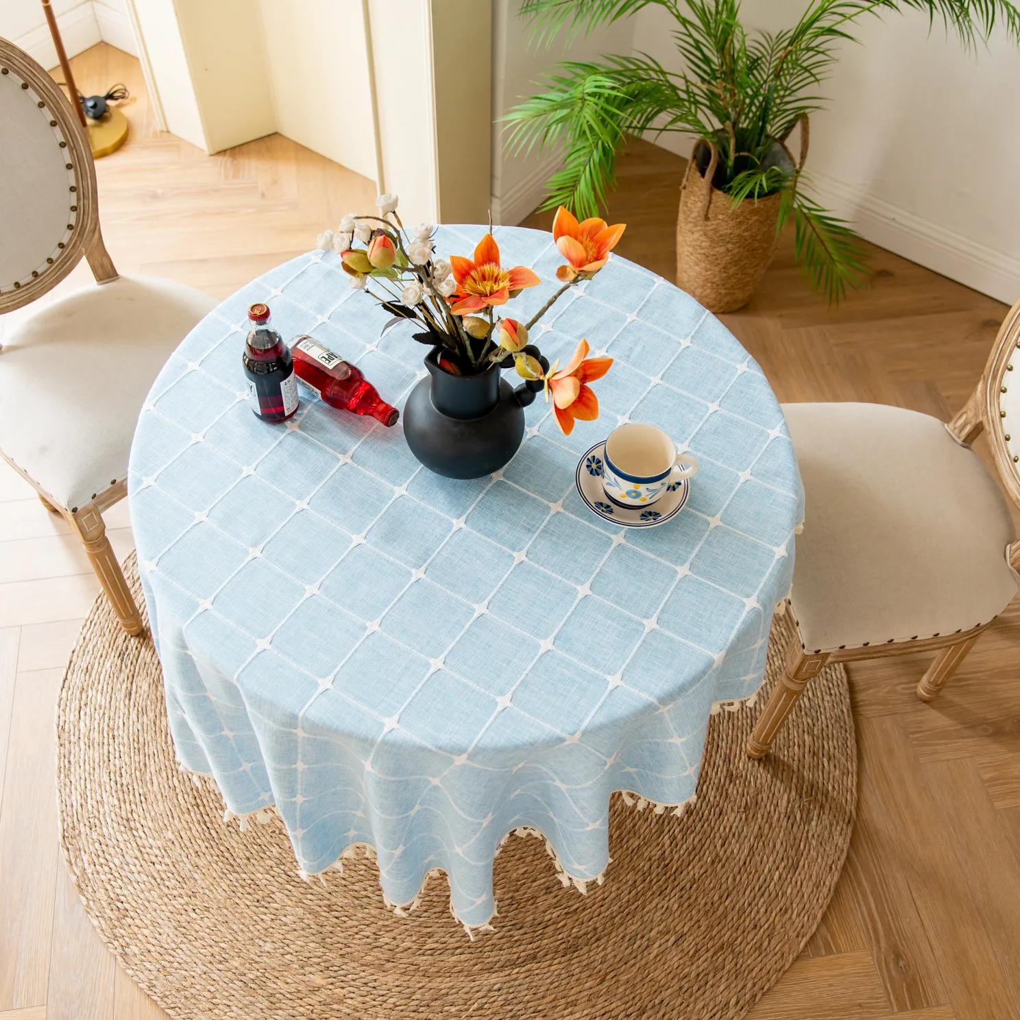 

Cotton Linen Three-Dimensional Jacquard Checkered Round Tablecloth,Tassels Dust-Proof Table Cover,For Dinner Party Wedding Decor DIA 60CM