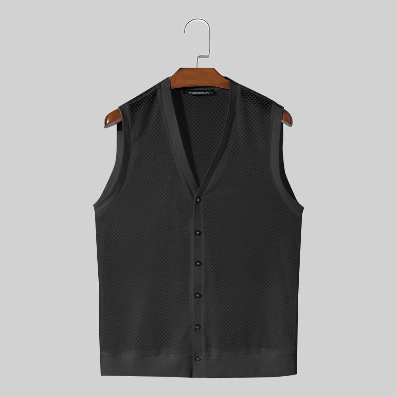 

INCERUN мужские летние майки без рукавов с v-образным вырезом и пуговицами в сеточку 2XL чёрный