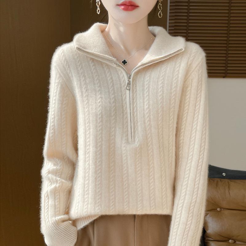 Women's 100% Pure Wool Thickened Half-Zip Cable Knit Cardigan