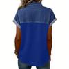 Denim Patchwork Shirts For Women Stand Collar Casual Blouse Short Sleeve Comfy Tshirt Spring Summer Fashion