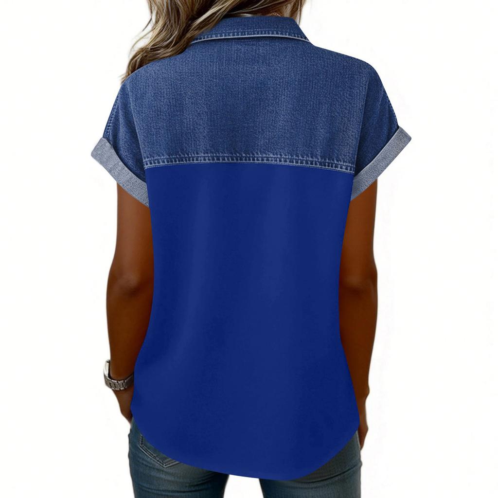 Denim Patchwork Shirts For Women Stand Collar Casual Blouse Short Sleeve Comfy Tshirt Spring Summer Fashion
