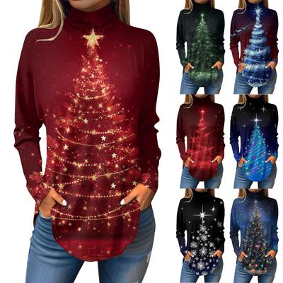 Damen Modisches Locker Sitzendes T-Shirt mit Stehkragen und Weihnachtsdruck Langarm-Oberteil