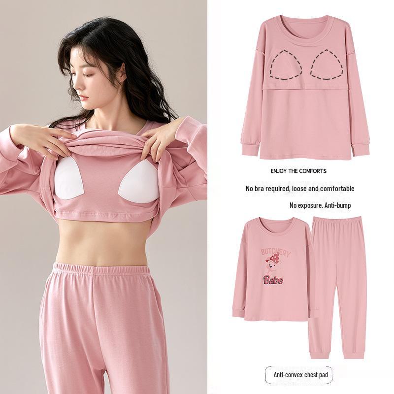 Women's Cartoon Long-Sleeve Pajamas with Chest Pads - Lightweight Home Loungewear for Autumn and Spring